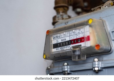 Botosani, Romania - October 12 2022: Analog Screen Of Household Natural Gas Meter. Utility Bills, Consumption Of Gas For Heating Home, Energy Costs, Symbolic Image.
