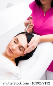 Botox Hair Close-up, A Doctor Injects A Botox Injection Into The Hair Of A Young Patient