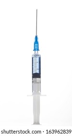 Botox, hualuronic, collagen or flu Syringe with blue liquid on a white background 