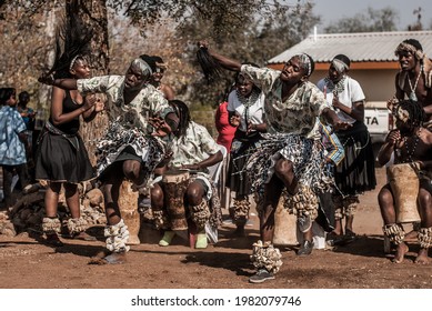 Botswana - August 17 2018: An African Kalanga Traditional Group Dancing And Celebrating To The Beat Of Drums With Snare Around Their Ankles During A Traditional Wedding. Botswana Traditional Dance.