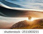 Botswana flag waving in the sky. A couple hike and enjoy a break look at the top of the mountain adventure travel. Botswana national flag for independence day.