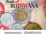 Botswana Pula Bank of Botswana Thebe coins and note closeup