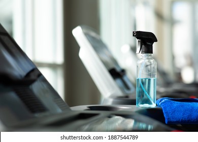 Bottle Of Alcohol And Cleaning Cloth For Exercise Equipment Preventive Disease Of The Covid 19 Virus