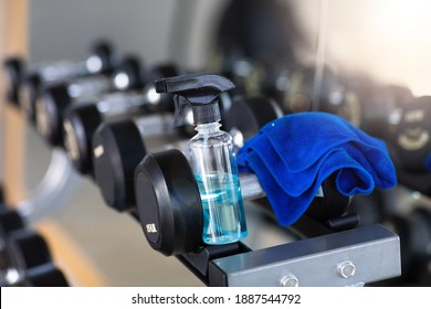 Bottle Of Alcohol And Cleaning Cloth For Exercise Equipment Preventive Disease Of The Covid 19 Virus