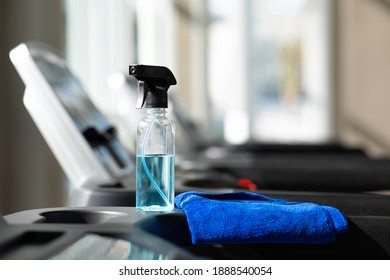 Bottle Of Alcohol And Cleaning Cloth For Exercise Equipment Preventive Disease Of The Covid 19 Virus