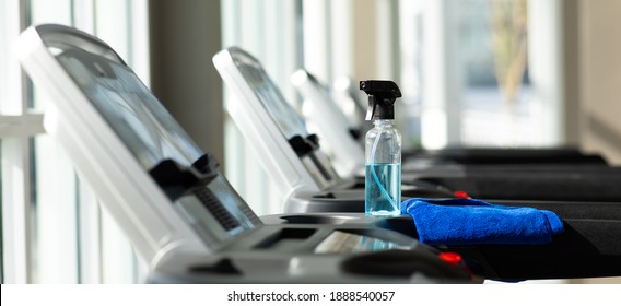 Bottle Of Alcohol And Cleaning Cloth For Exercise Equipment Preventive Disease Of The Covid 19 Virus