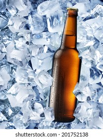 Bottle Of Beer In Ice Cubes.