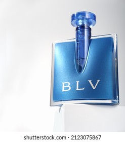 A Bottle Of Bvlgary BLV Perfume On White Pedestal. Female Perfumery, Oriental Woody Scents. Strezhevoy, Russia, 14.02.2022