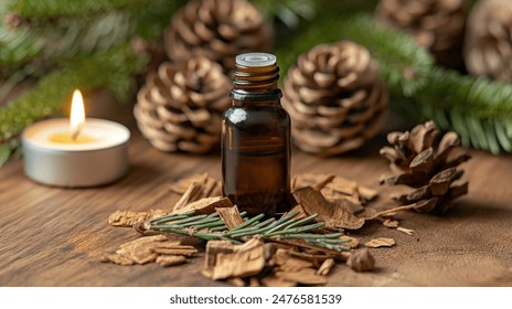  bottle of cedarwood essential oil sits on a wooden table, surrounded by cedarwood chips and small cedar branches - Powered by Shutterstock