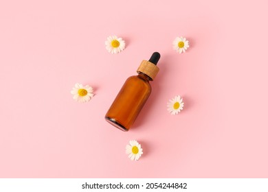 Bottle Of Chamomile Essential Oil On Color Background