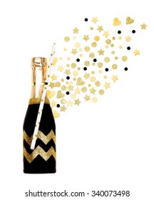 A Bottle Of Champagne With Confetti. Isolated