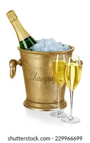 Bottle Of Champagne  In Ice Bucket With Stemware Isolated On White Background