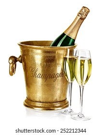 Bottle Of Champagne  In Ice Bucket With Stemware Isolated On White Background