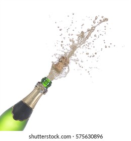 Bottle Of Champagne Popping Its Cork And Splashing Isolated On White Background