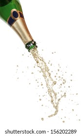 Bottle Of Champagne With Splash On White Background