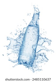 Bottle of chilled water in water splash. Conceptual picture of refreshing, chilling and purity. File contains clipping path.