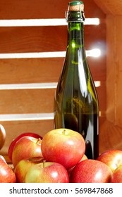 Bottle Of Cider Of Normandy With  Fresh Apples