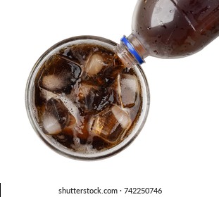 Bottle Of Cola Soda Pouring Into Glass With Ice And Bubble Isolated On White Background Top View Object Design