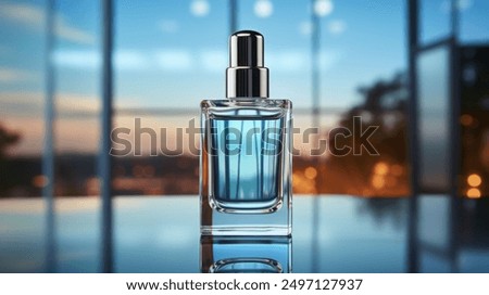A bottle of cologne sits on a table with a view of the sky. The bottle is clear and has a blue liquid inside. Concept of luxury and sophistication