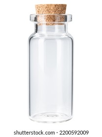 Bottle with cork stopper. Clear, empty, small, mini glass jar bottle with cork stopper or cap for art and craft projects. Close-up macro high quality and resolution photo. Isolated white background. - Shutterstock ID 2200592009