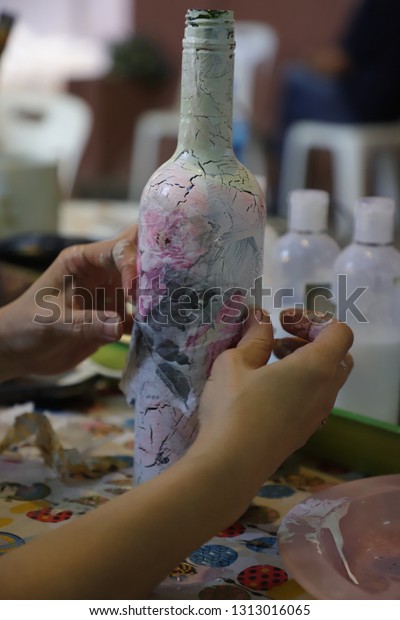 Bottle Decoupage Technique Decorating Objects Paper Stock Image