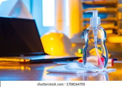 Bottle Of Disinfectant Liquid Close-up. Sanitizer For Maintaining Cleanliness In The Workplace. Means For Eliminating Viruses And Bacteria. Cleaning At The Workplace. Compliance With Hygiene Rules.