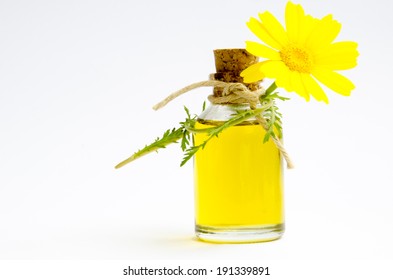 Bottle with essence oil and chamomile flowers isolated on white background 