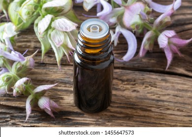 A Bottle Of Essential Oil With Blooming Clary Sage Plant