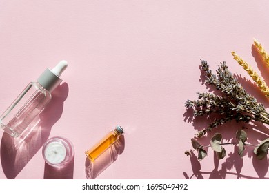 Bottle Of Essential Oil With Fresh Herbal Sage, Lavander.flat Lay On Pink Background.Healthy Oil.The Concept Of A Healthy Vegetarian Diet, Detox.Alternative Medicine, Phytotherapy, Herbal Treatment.