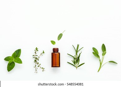 Bottle of essential oil with  fresh herbal sage, rosemary, lemon thyme and peppermint setup with flat lay on white wooden table.