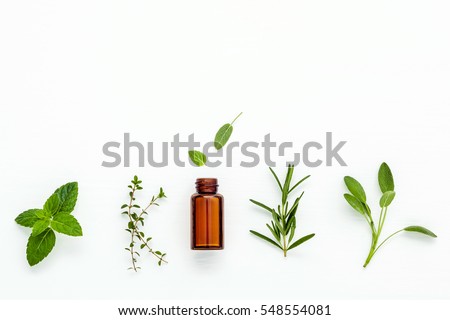 Bottle of essential oil with  fresh herbal sage, rosemary, lemon thyme and peppermint setup with flat lay on white wooden table.