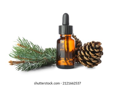 Bottle of essential oil, pine cone and fir branch on white background