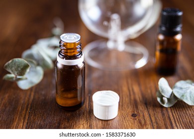 Bottle Of Eucalyptus Essential Oil Open, Close-up