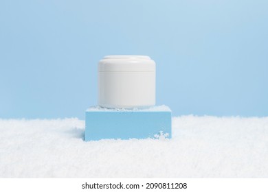 Bottle Of Face Cream Mockup On Podium In The Snow, Skin Moisturizing, Winter Skin Care