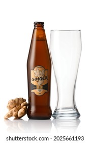 Bottle Of Fresh Ginger Beer And Glass On White Background