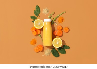 Bottle Of Fresh Smoothie With Carrot, Vitamin C Lemon, Spinach, Ginger And Turmeric. Concept Healthy Eating, Snack To Go, Breakfast. Flatlay