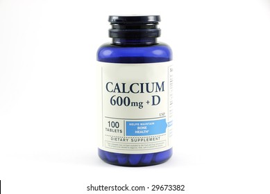 A Bottle Of Generic Calcium With Vitamin D Used For Bone Health Isolated On A White Background.