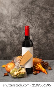 Bottle Of Gift Wine With Autumn Cookies. Gray Background, Fall Thanksgiving Festival