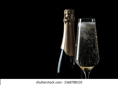 Bottle Glass Champagne On Black Background Stock Photo 1368788135