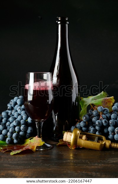 Bottle Glass Lambrusco Red Wine Bunches Stock Photo 2206167447