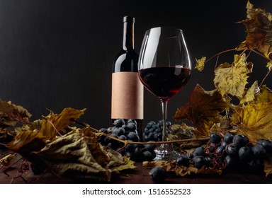 Bottle And Glass Of Red Wine On A Table With Dried Vine Leaves And Blue Grapes. On A Bottle Empty Old Paper Label, Free Space For Your Text. Selective Focus.