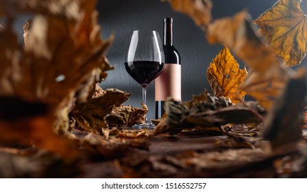 Bottle And Glass Of Red Wine On A Table With Dried Vine Leaves. Selective Focus. On A Bottle Empty Old Paper Label, Free Space For Your Text. Selective Focus.