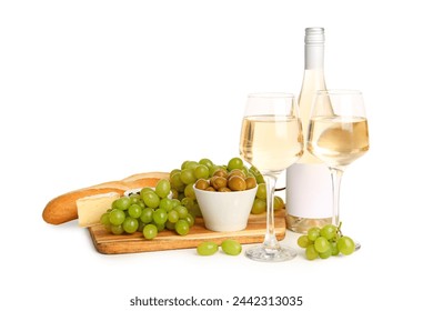 Bottle and glasses of exquisite wine with cheese, grapes, olives and bread on white background - Powered by Shutterstock