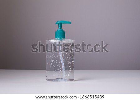 Bottle of hand sanitizer, antimicrobial liquid gel, germ prevention or antibacterial hygiene