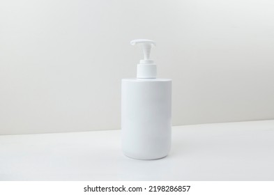 Bottle Of Hand Sanitizer, Handwashing Fluid, Body Wash, White Plastic With The Background. Prevention Of Flu Disease.  Can Used On Banner, Album Cover, Sticker,  Poster, Flyer And Media Postings.