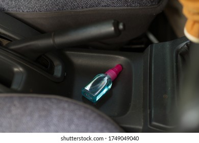 The Bottle Of Hand Sanitizer Bottle Prepare In The Car To Prevention And Protect A Virus Corona, Covid 19 When Go Out.