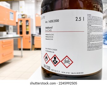 A bottle of high purity methanol for liquid chromatography–mass spectrometry (LC-MS) proposes. 