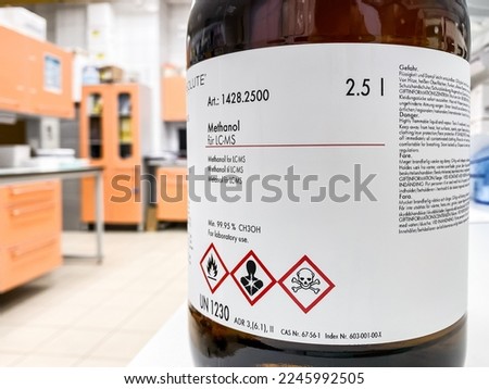 A bottle of high purity methanol for liquid chromatography–mass spectrometry (LC-MS) proposes. 