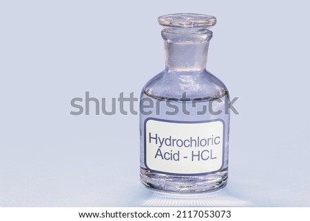 bottle of hydrochloric acid, a chemical solution used in cleaning and galvanizing metals, in tanning leather and obtaining various products