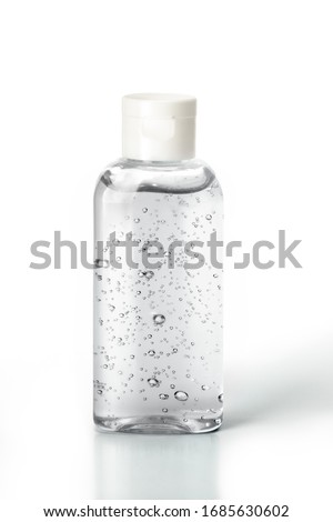 Bottle of instant antiseptic hand sanitizer transparent gel isolated on white background, no label.  Antibacterial, hydro alcoholic gel, ethyl alcohol. Mini travel pocket small size, 8 fl oz, 50, 60 m